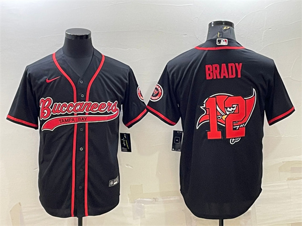 Men's Tampa Bay Buccaneers #12 Tom Brady Black Team Big Logo With Patch Cool Base Stitched Baseball Jersey